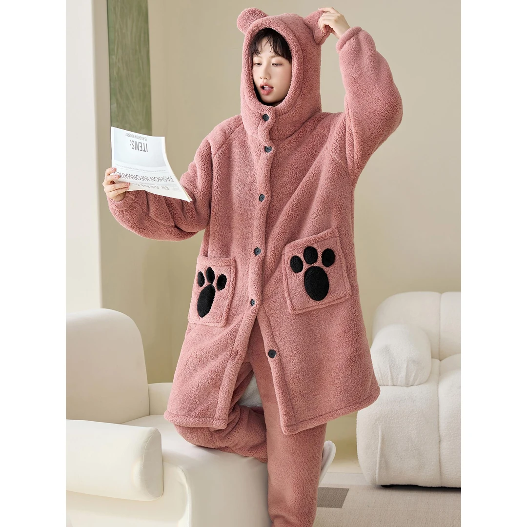 全棉时代【断码】珊瑚绒睡衣女款秋冬季加厚加绒双层保暖法兰绒睡袍