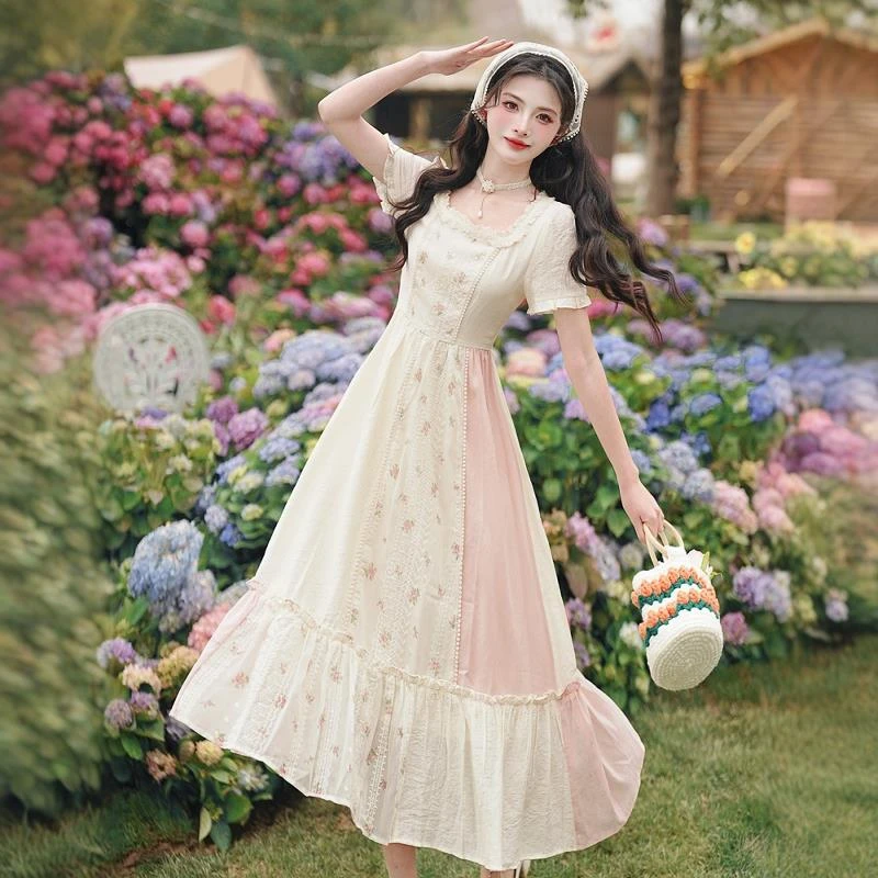 DUCURNO法式甜美粉色碎花连衣裙女夏季2025新款时尚气质修身长裙