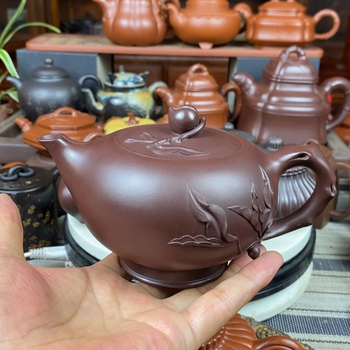 茶壶紫砂寿桃500cc原矿老紫泥特价