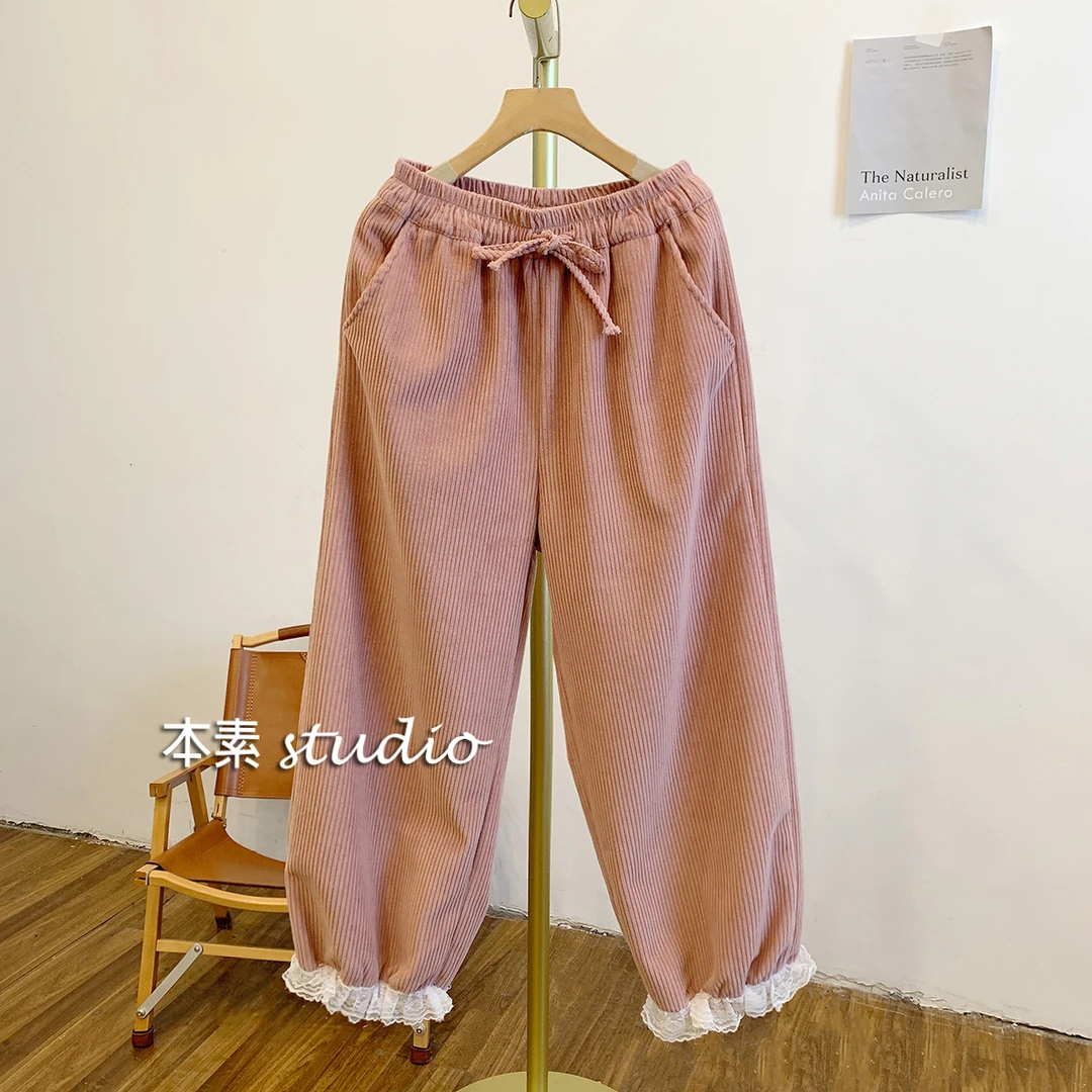C3025加绒灯芯绒蕾丝边松紧腰系带宽松休闲裤