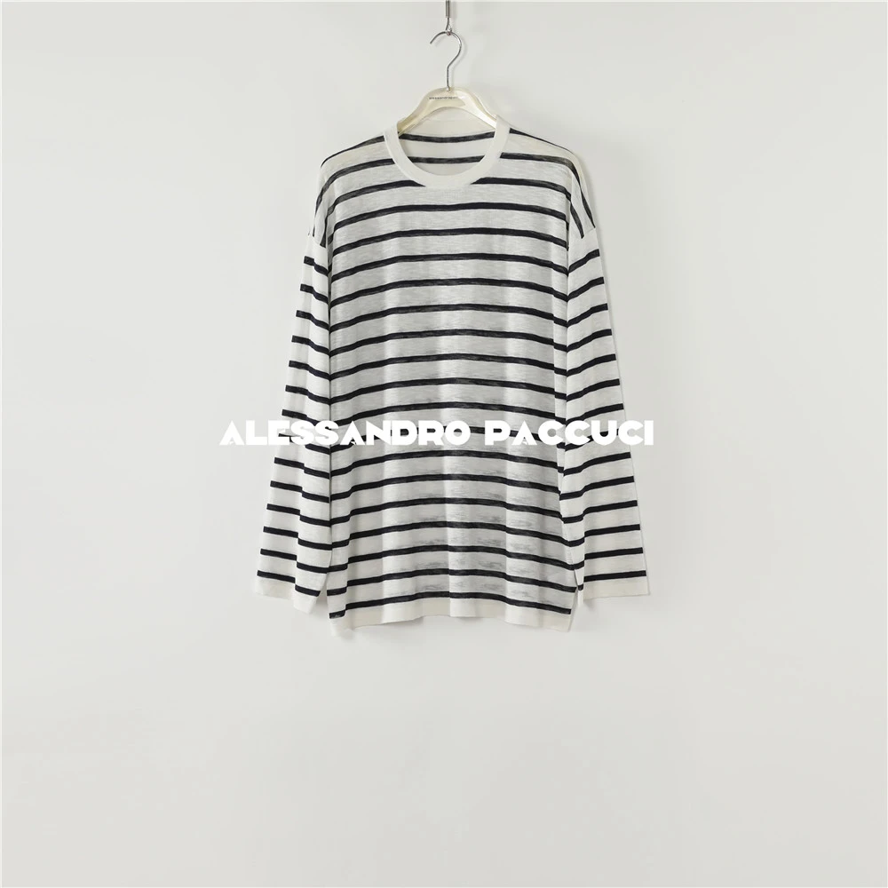 AP洛哥52078TS【假日幻想】棉+桑蚕丝+亚麻圆领宽松条纹时尚套头衫