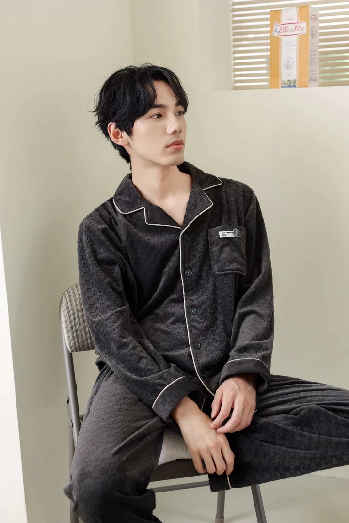 琦欣家实体加厚海岛绒男款提花气质深灰家居服男套装