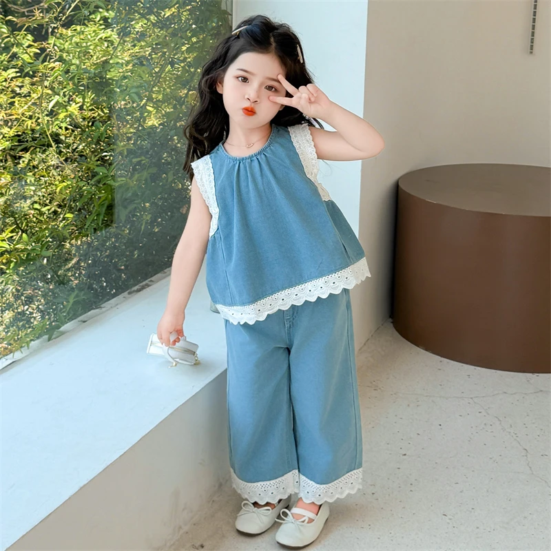 女童夏套装2025新款女宝宝超好看夏季薄款小女孩牛仔花边两件套夏