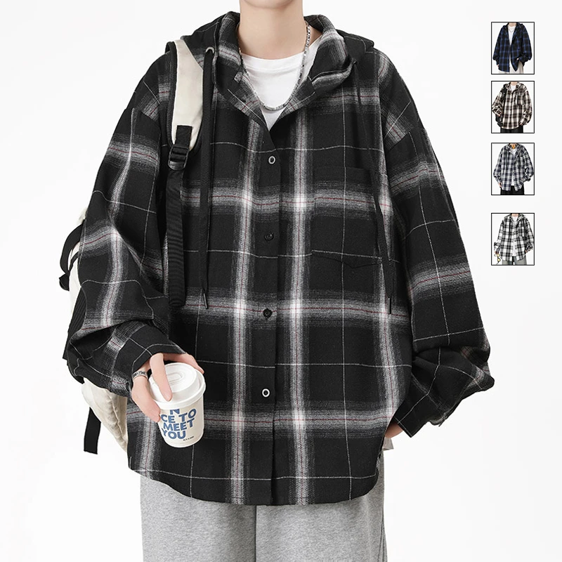 青少年学生夏季格子连帽时尚夹克痞帅小香风宽松大码百搭韩版外套