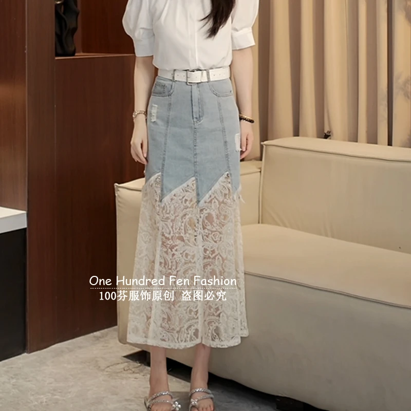 2025夏季蕾丝拼接牛仔半身裙女高腰设计感不规则假两件中长款裙