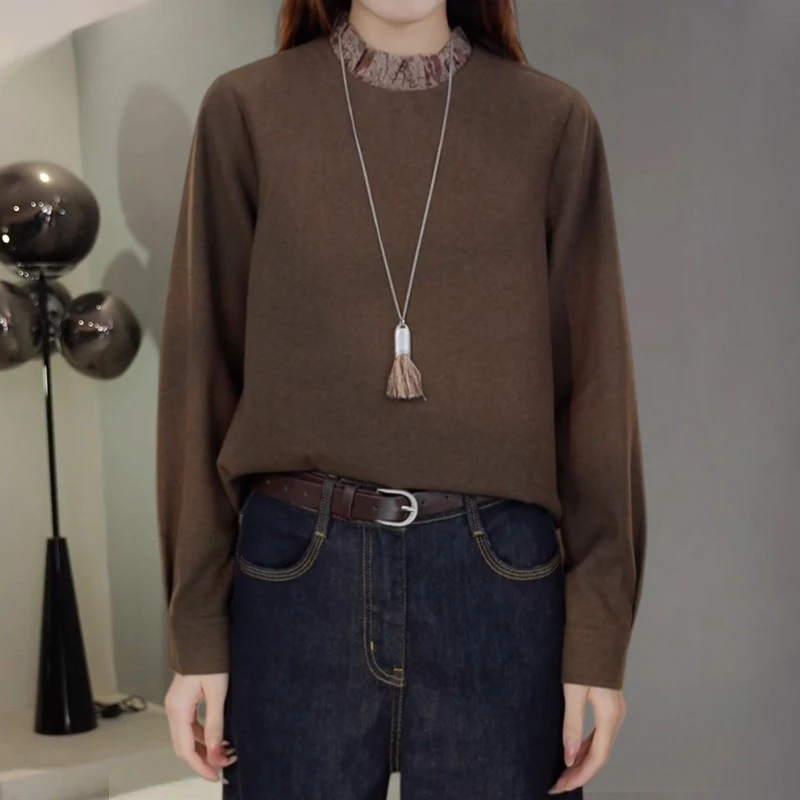 法式洋气拼接木耳边半高领衬衫春秋新款松弛感慵懒显瘦后镂空上衣