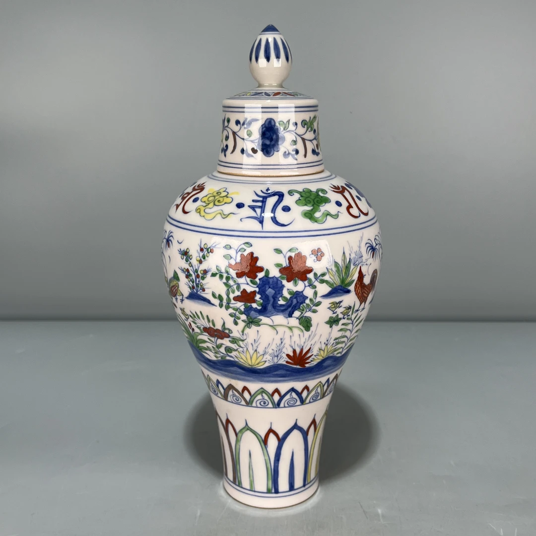 当代仿制 仿古大明成化年制斗彩大吉大利带盖梅瓶