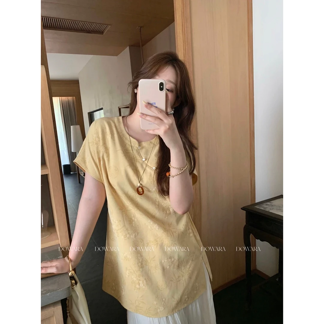 大婉酱微胖定制缃荷映夏提花新中式衬衫夏季斜襟盘扣小衫上衣