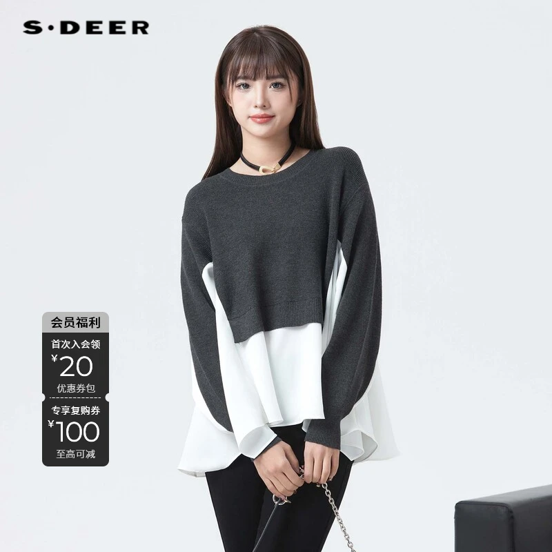 S·DEER圣迪奥女装时尚休闲罗纹圆领撞色拼接宽松针织衫S24183507
