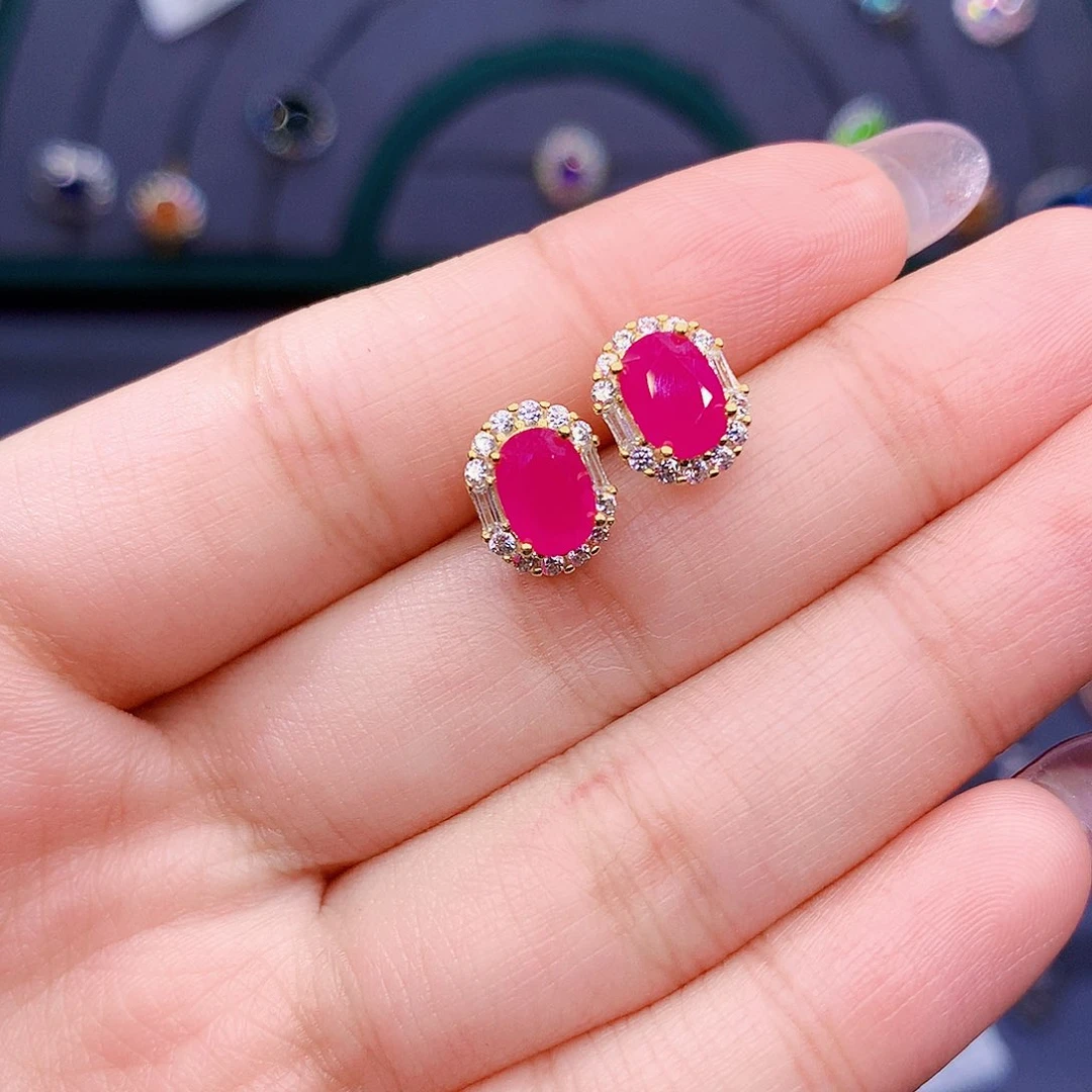 红宝石耳饰银S925镶嵌