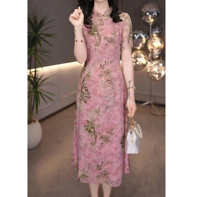 高级琉璃丝时尚洋气百搭碎花假两件礼服裙2025春夏新款显瘦连衣裙