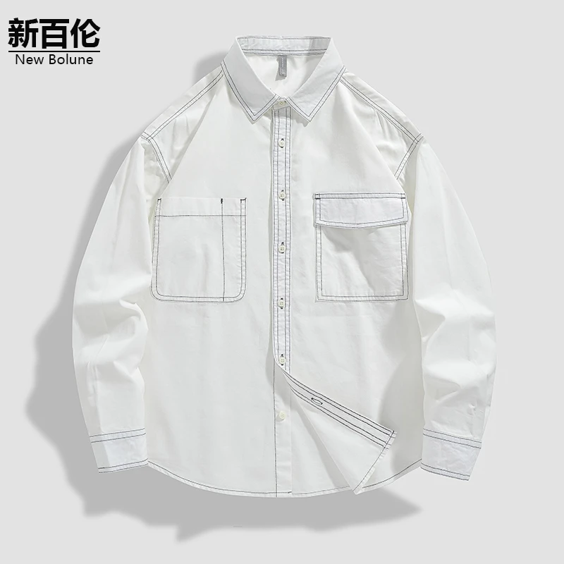 新百伦/NEW BOLUNE美式工装衬衫男秋季新款复古痞帅翻领衬衣外套