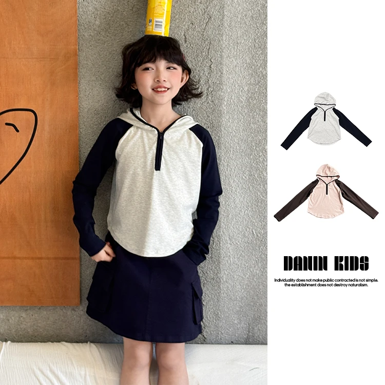 【嗒囜】女童春秋季新款拼接连帽长袖上衣儿童韩版时尚百搭休闲上衣