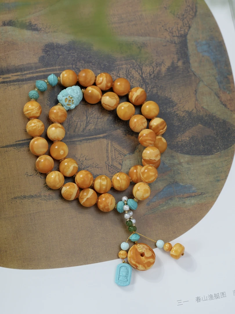 【顶奢天花板！蜜蜡双圈】天然蜜蜡橘皮纹石膏蜡虎皮大妖花双圈手串