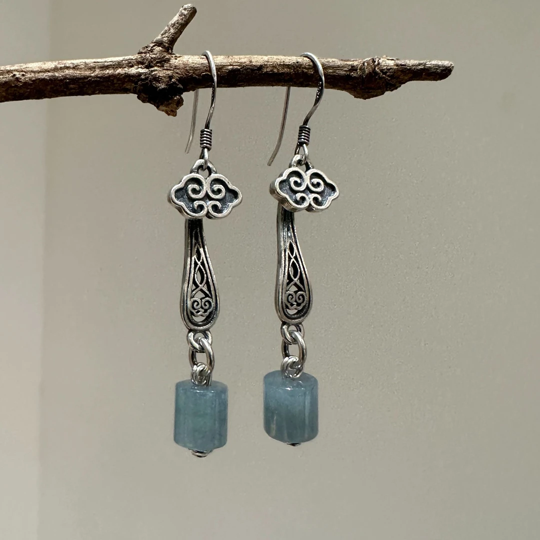 <一禅兄>S925银蓝水翡翠如意耳钩复古做旧古典新中式个性长款耳环