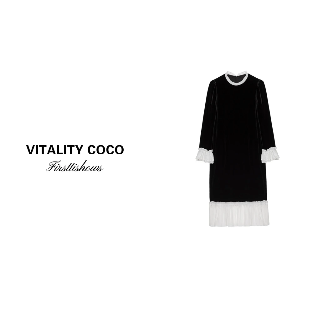 「VITALITY COCO」休闲时尚显瘦百搭高级花瓣袖丝绒连衣裙-1066