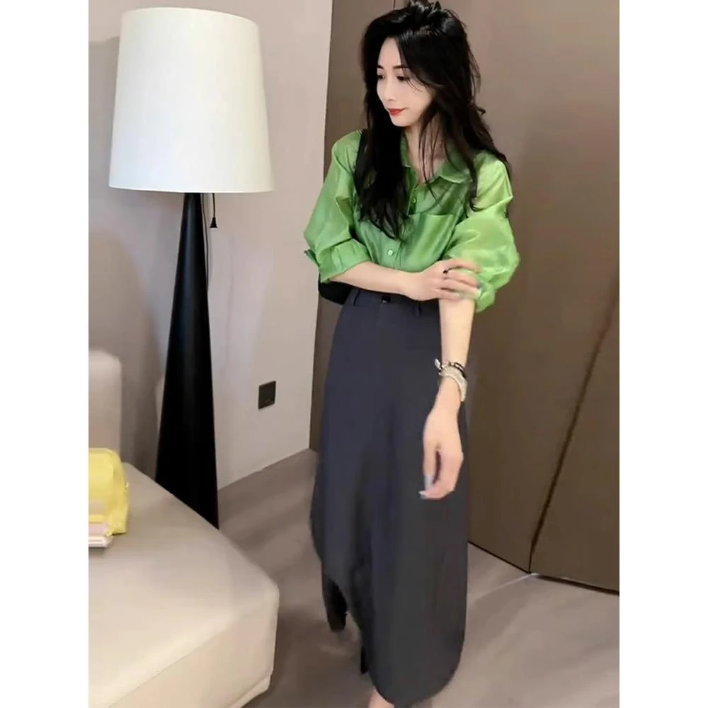 春季流行穿搭一整套小个子韩系气质干练通勤风绿色衬衫连衣裙套装