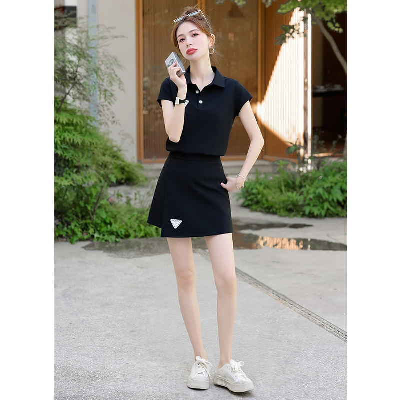 短袖清新休闲风时尚套装时尚两件套气质显瘦运动女士夏季黑色夏款