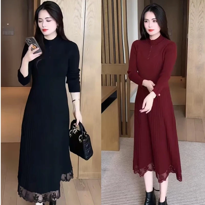 配大衣蕾丝针织连衣裙中长款秋冬过膝新款气质显瘦内搭打底毛衣裙