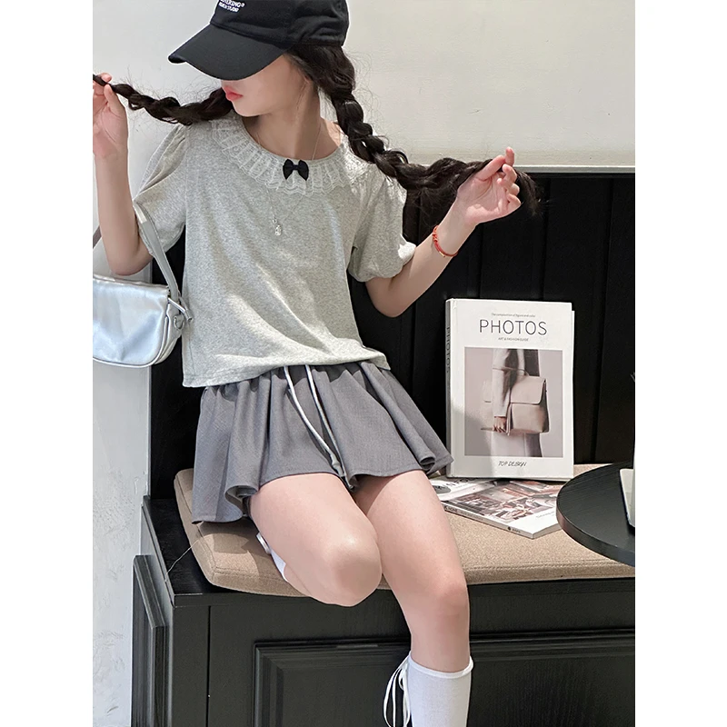 K28519蕾丝花边女童短袖T恤夏装儿童上衣2025新款女大童休闲半袖t