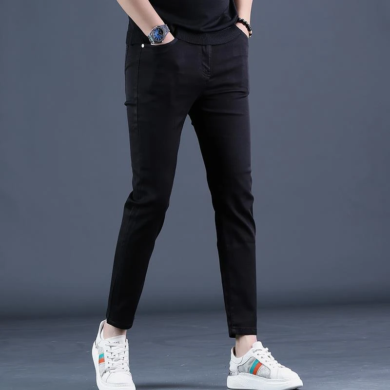 2025新款夏季薄款纯黑色九分牛仔裤男修身小脚休闲男士长裤子潮
