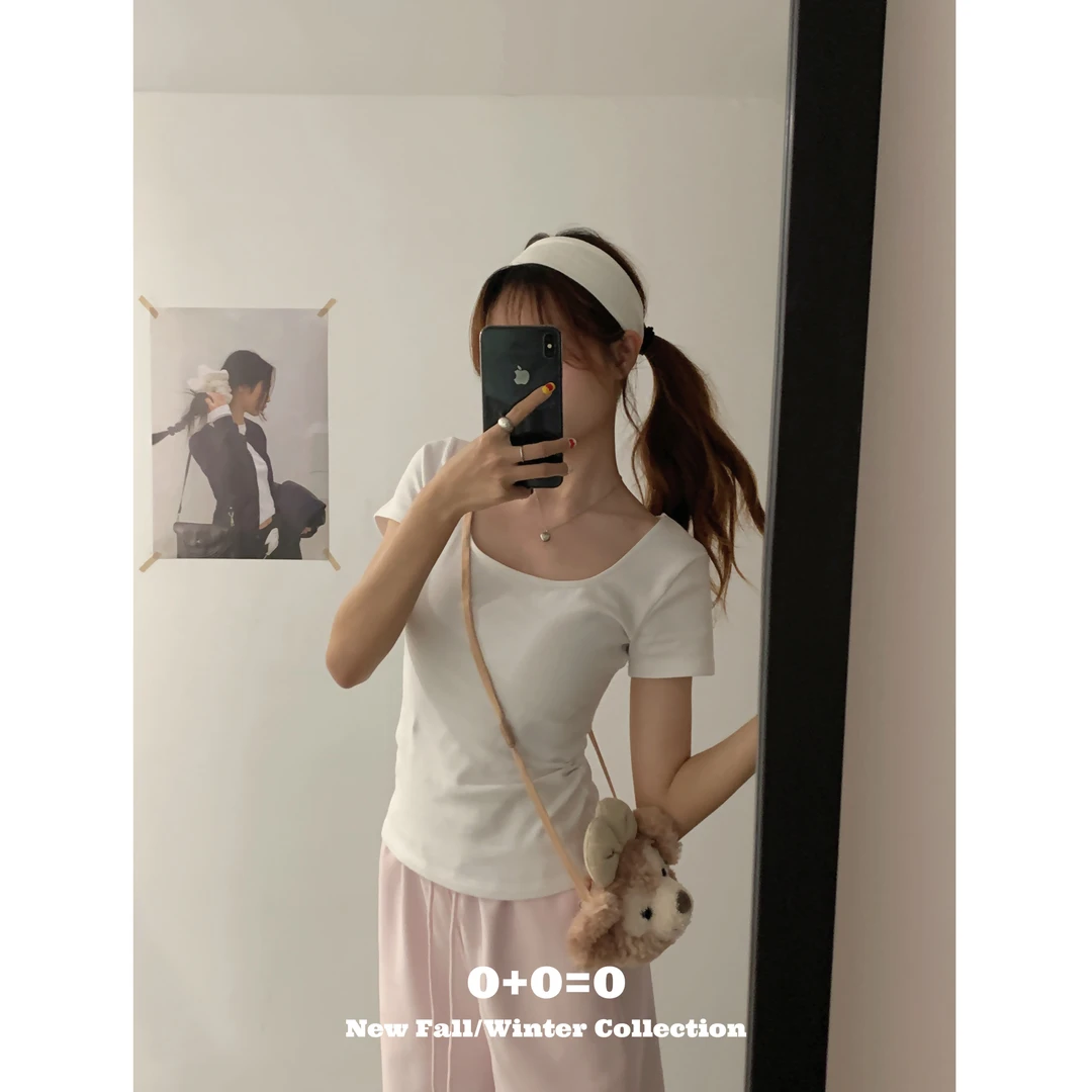 0+0=0【U领T】夏季百搭•修身收腰多色短袖正肩U领T恤上衣-8821#