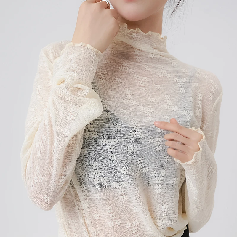 【065】长袖半高领蕾丝打底衫女上衣秋季款洋气透视美体内搭小衫