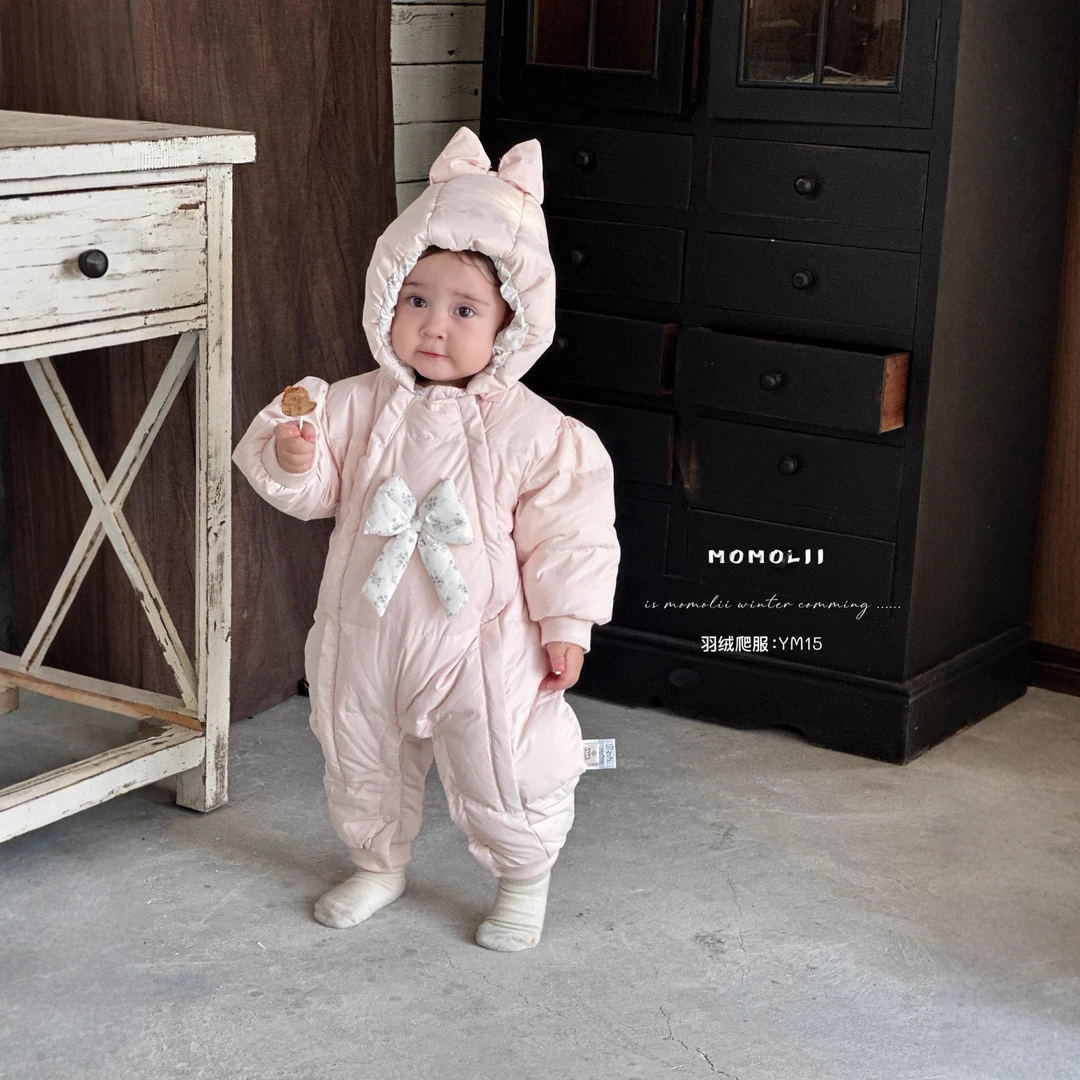 新生儿婴幼儿童加厚羽绒爬服蝴蝶结款简洁纯色双拉链羽绒服2515