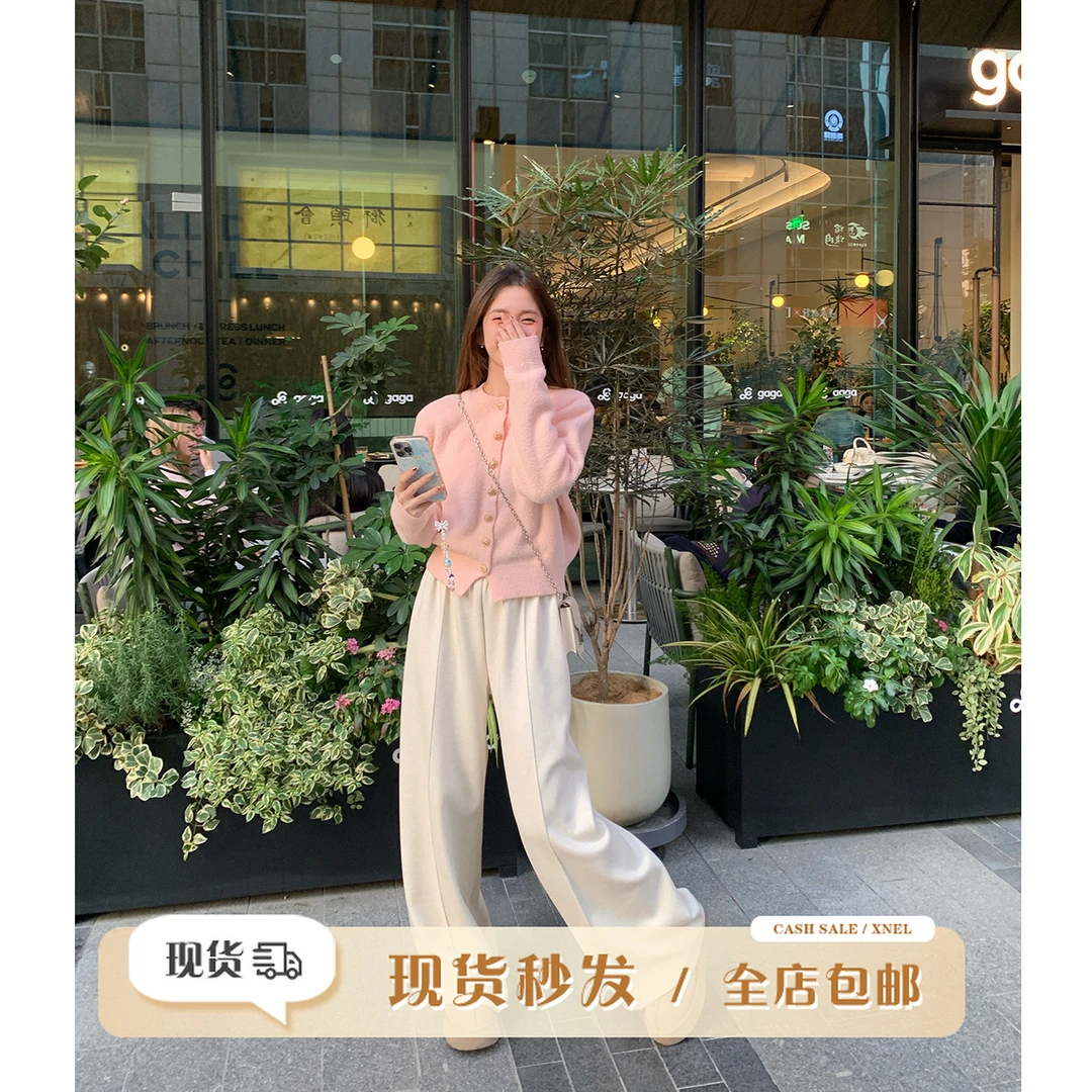 现货陳文文【奶芙腿精】秋冬季加绒保暖垂感松紧腰直筒裤244XXK9144