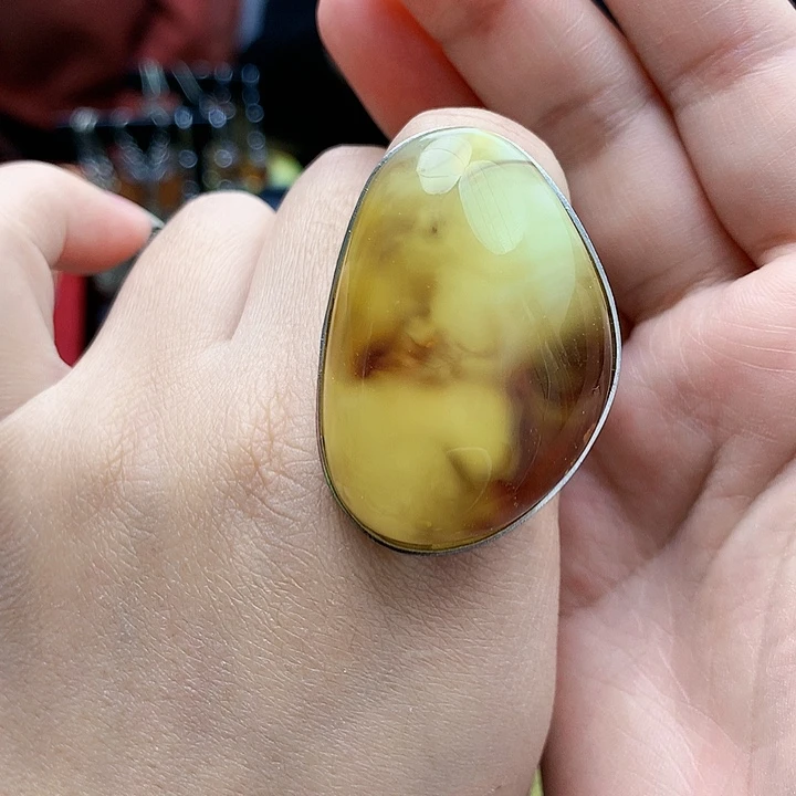 琥珀裸石银S925镶嵌戒指