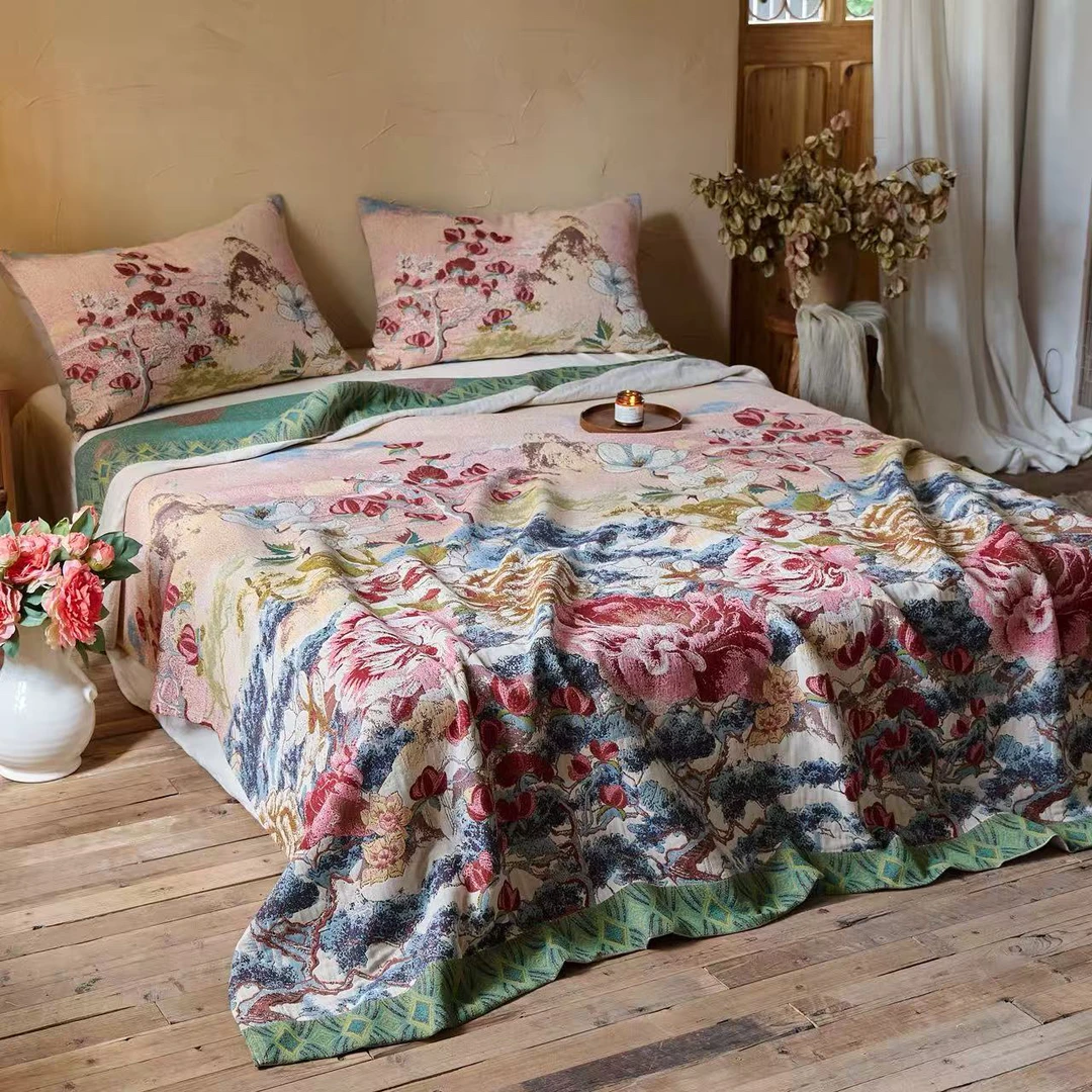 230*250【花开富贵】棉小恋浪漫温馨编织可水洗不掉色纱布软床盖