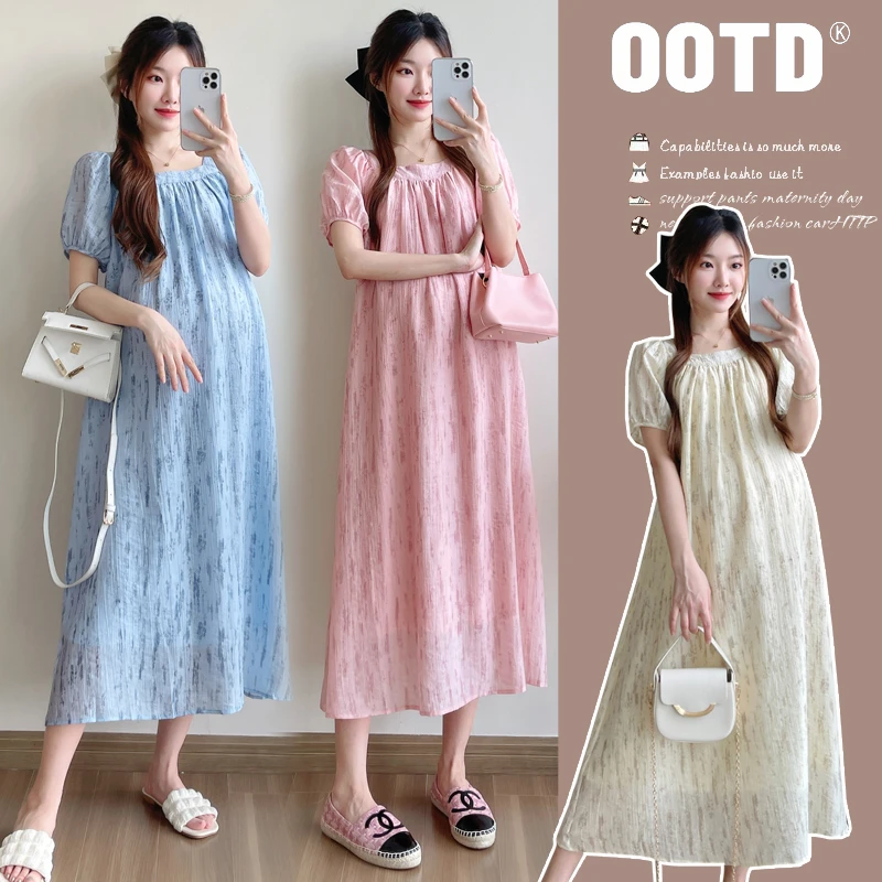 R746#5.5 2025孕妈夏季方领收腰显瘦连衣裙法式长裙