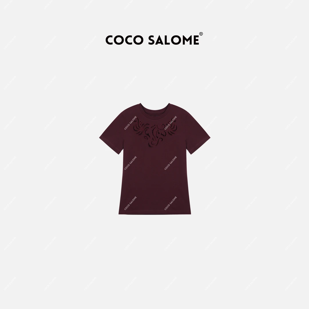 COCOSALOME⑥【花慕兰】100棉镂空设计酒红色短袖T恤洋气衣服女580S
