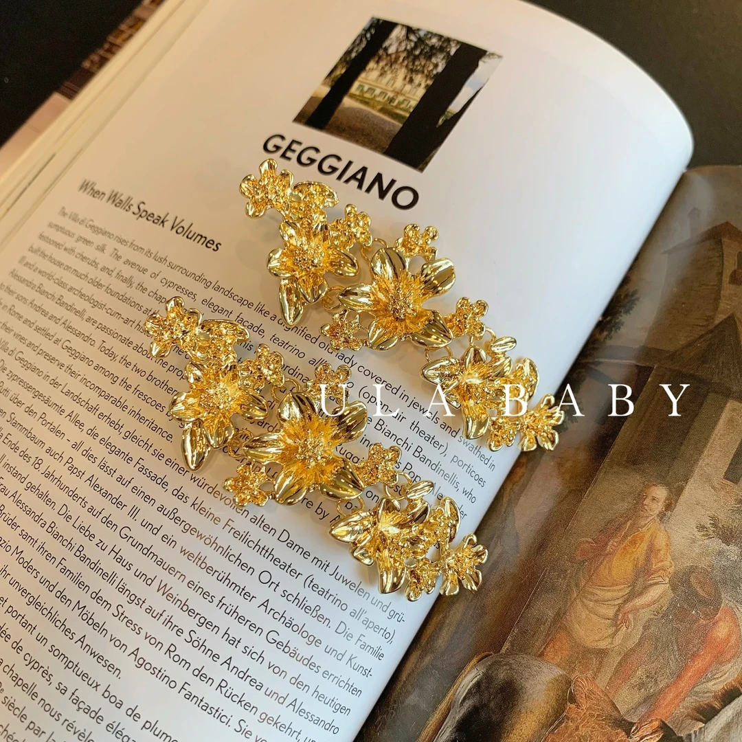 铜合金耳饰 【喜儿ula】11-24-13复古长流苏金属立体花朵耳钉