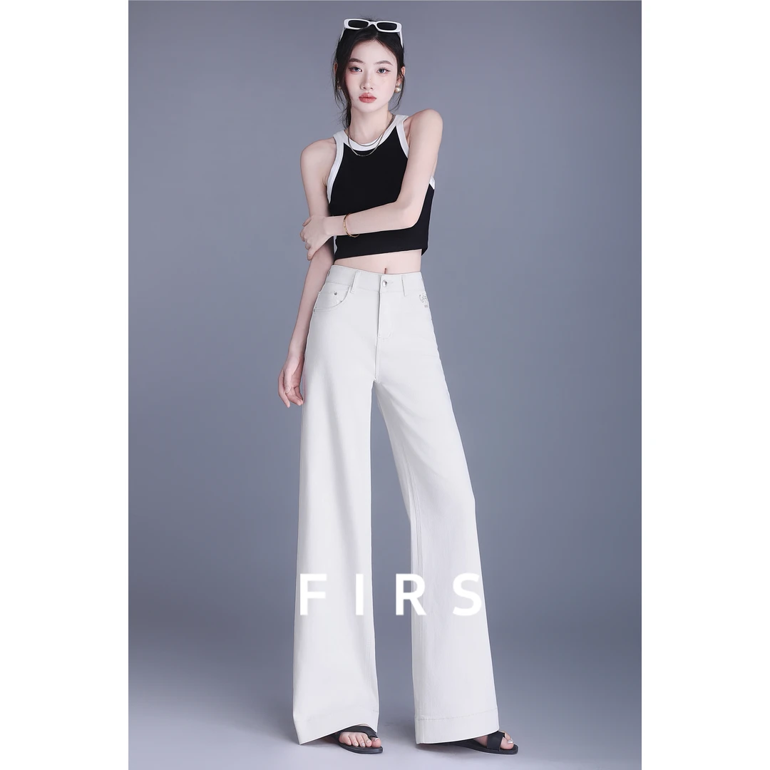 FIRS/杉杉米白牛仔筒喇裤女2025秋季新款设计感刺绣显瘦时尚阔腿