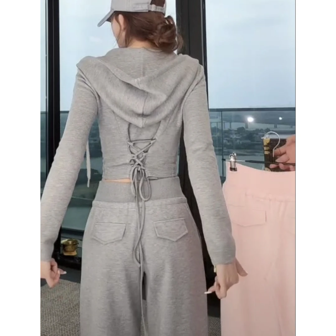 春季新款后背绑绳收腰连帽拉链开衫卫衣外套+裤子