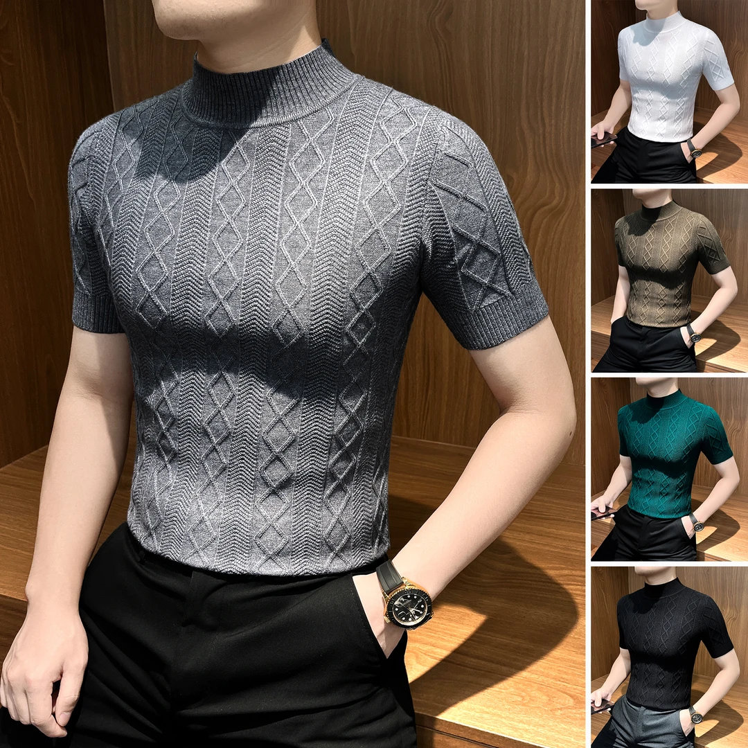 菱形格半高领针织短袖T恤男款秋冬季弹力柔软毛衣内搭男士打底衫