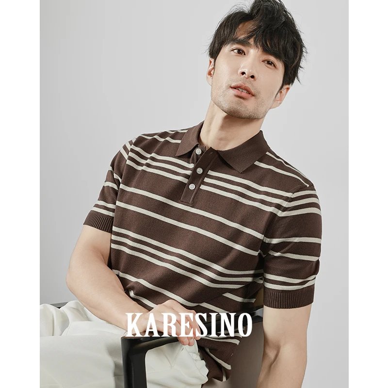 KARESINO夏季男士轻熟商务针织POLO衫时尚条纹冰丝透气短袖T恤男