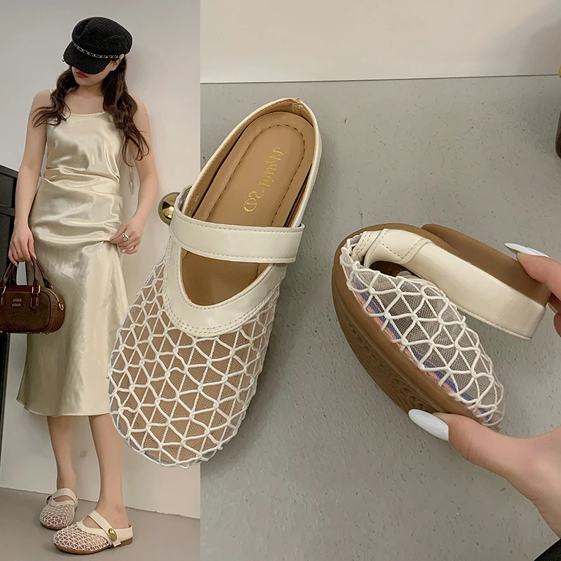 平底法式包头半拖鞋外穿女鞋2025年夏季新款网面透气舒适软底凉拖