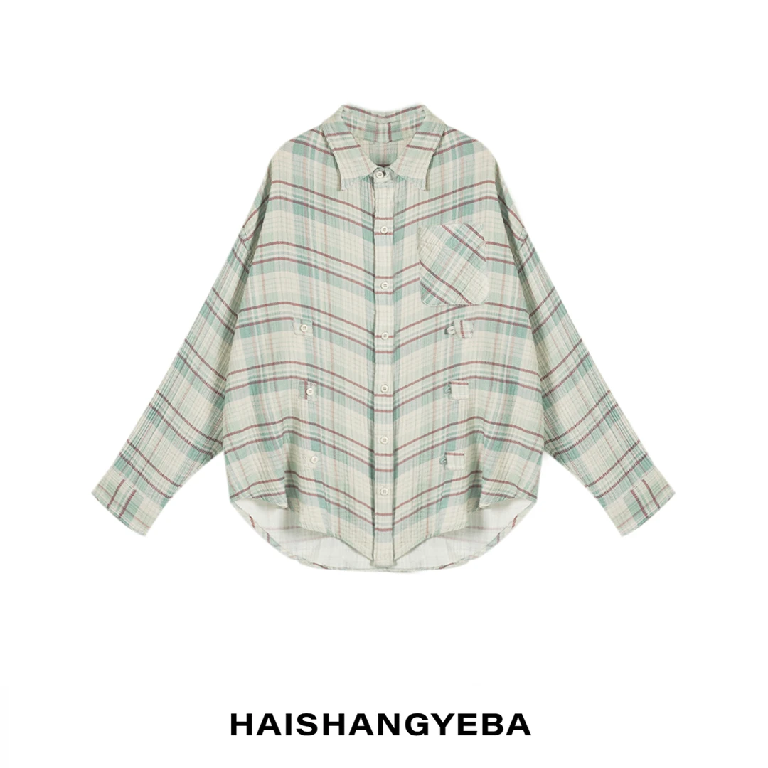 【海上叶爸】新款2025春夏百搭棉翻领宽松纽扣格纹长袖衬衫