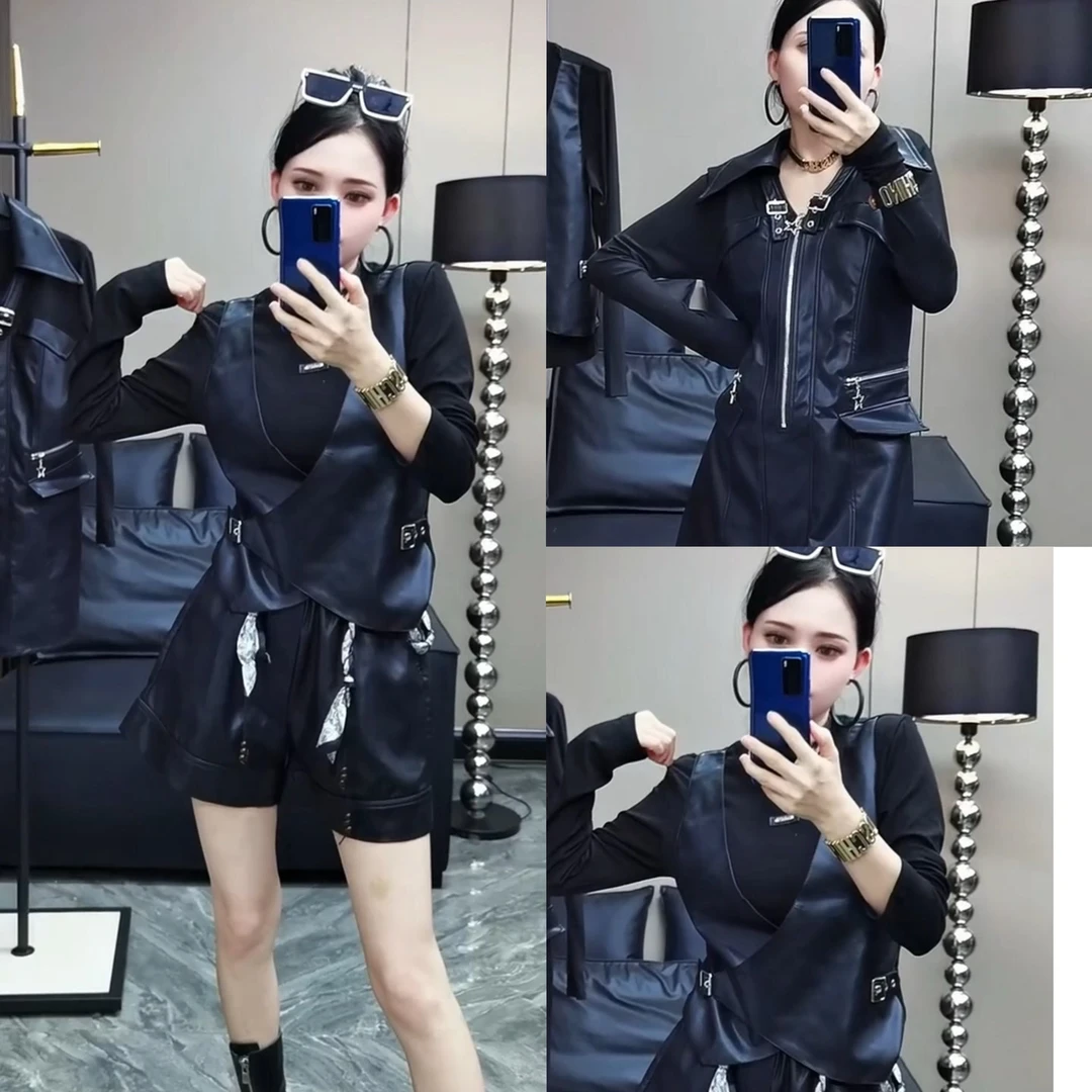 88518#Ya掐腰设计感假两件上衣女拼接时尚洋气黑色长袖小衫t恤