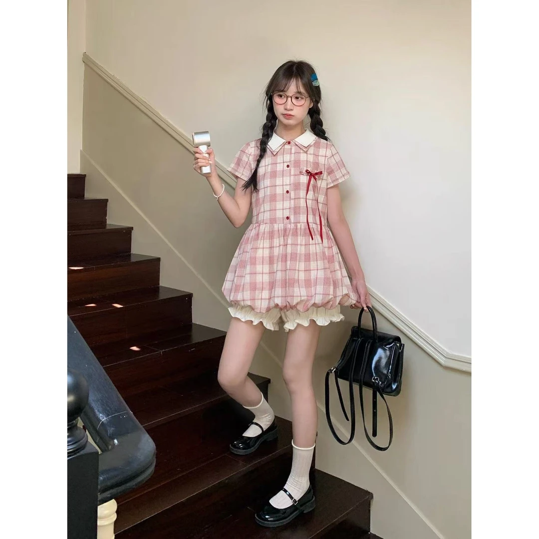 胖鑫家甜美复古少女双层撞色短款连衣裙+打底花苞裤裙两件套25007