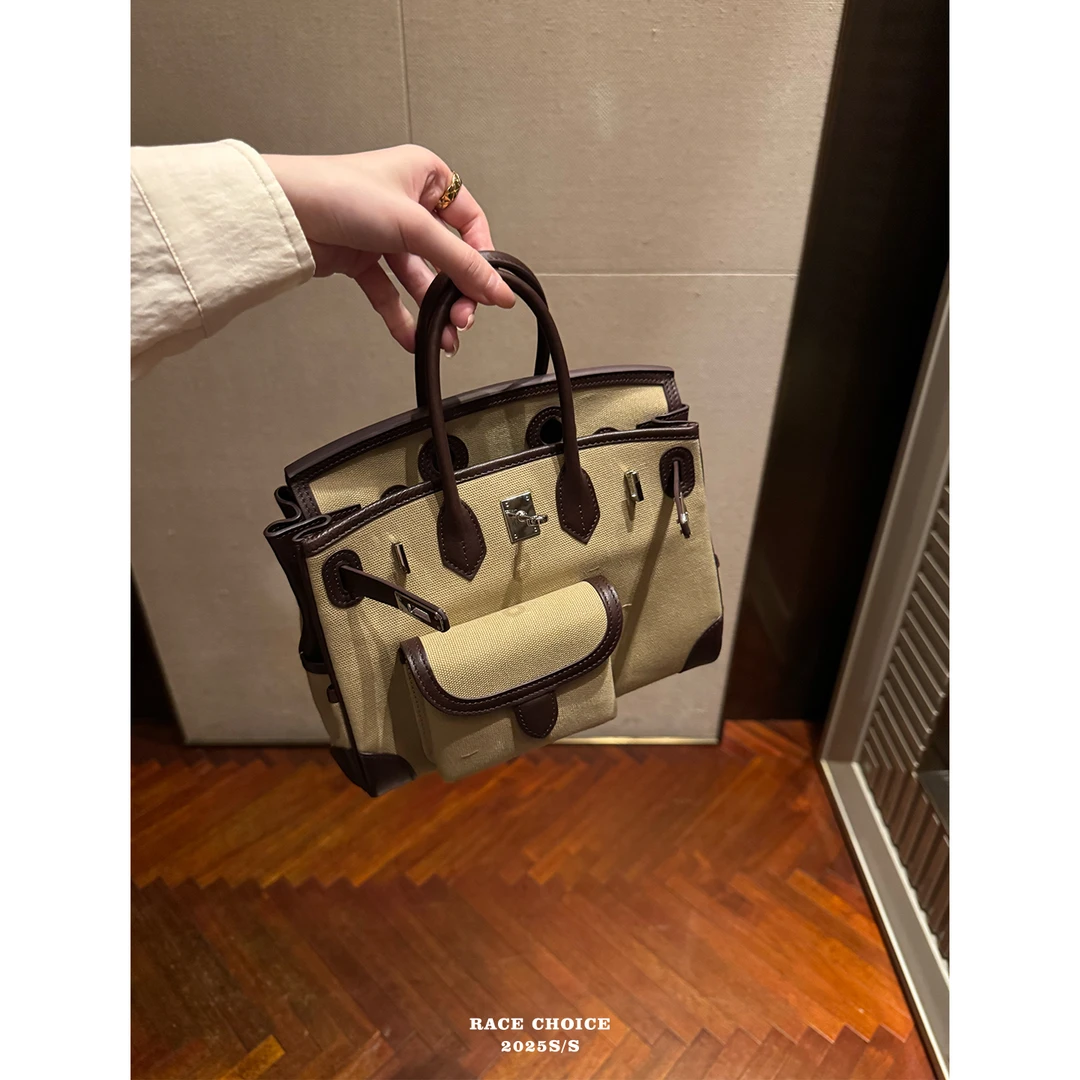 【不睡觉商店】“帆布拼swift牛皮”复古慕斯灰crago铂金包通勤手提包