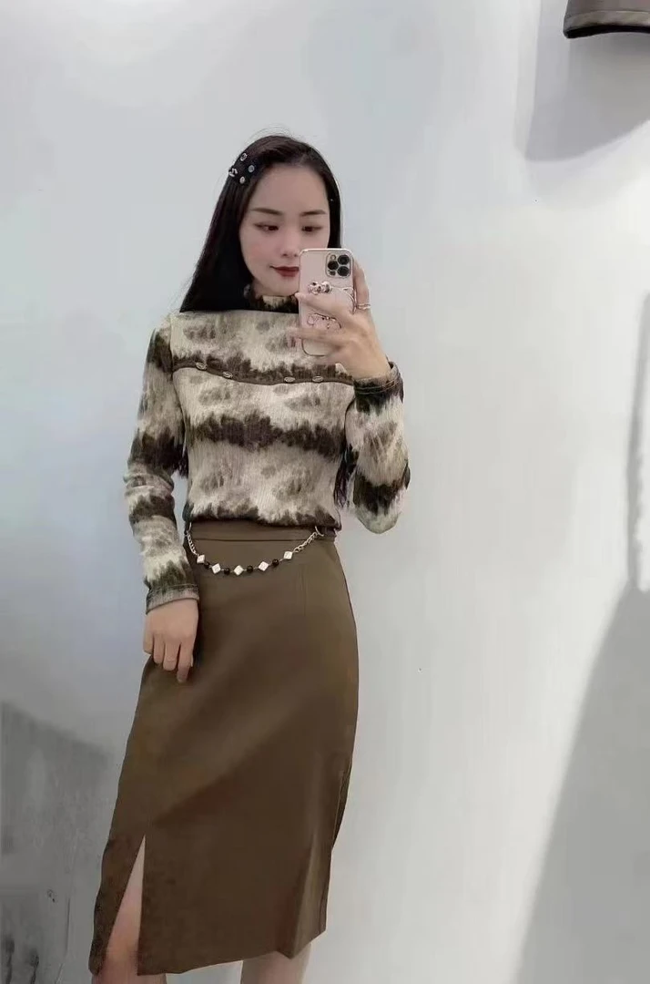 【F5503】花色晕染长袖上衣高弹打底衬衫女2025秋