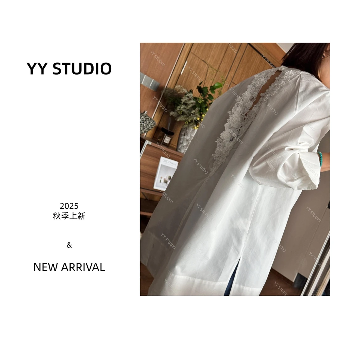 【YY STUDIO】秋季蕾丝镂空刺绣气质时尚中长款百搭立领设计师衬衫