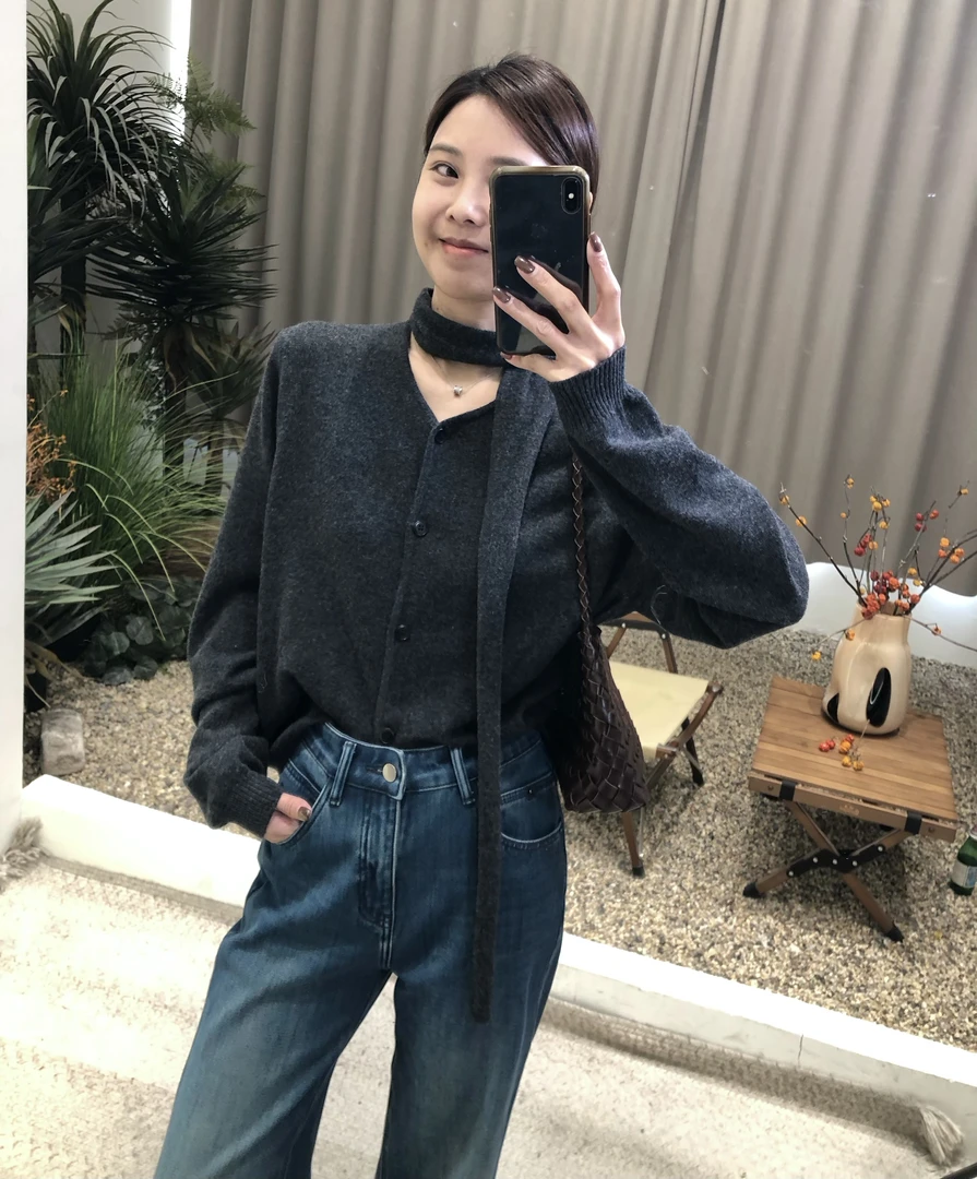 进口精纺100羊毛 2026爆款飘带解构不对称斜扣显瘦针织开衫女毛衣