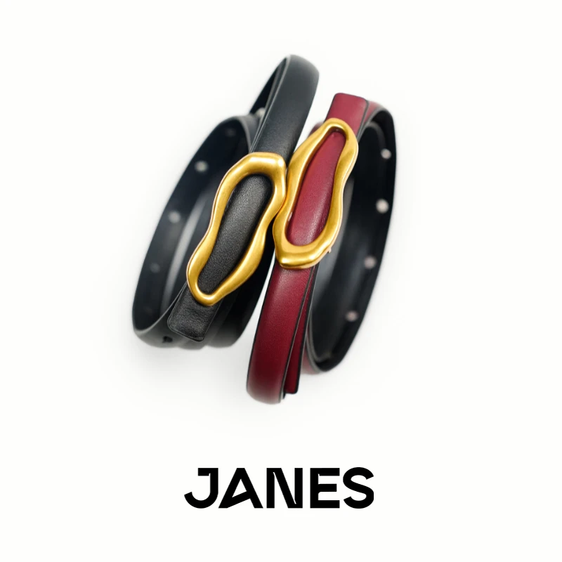JANES·小众设计头层牛皮女士细腰带不规则金扣百搭真皮皮带