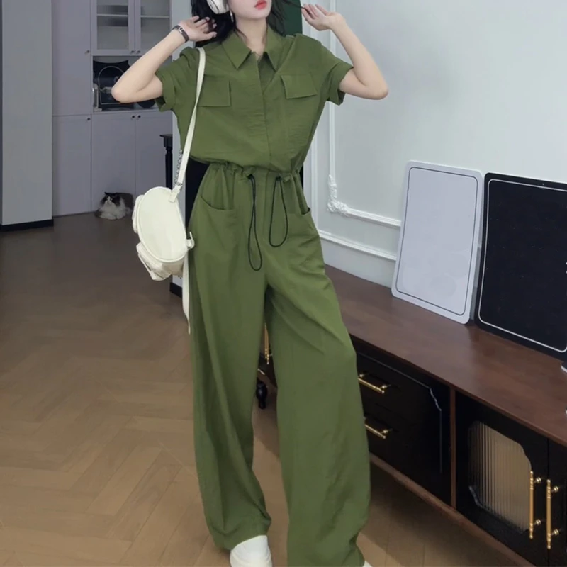 工装薄款冰感连体裤2025夏季新款小众女装阔腿宽松帅气显瘦连体裤