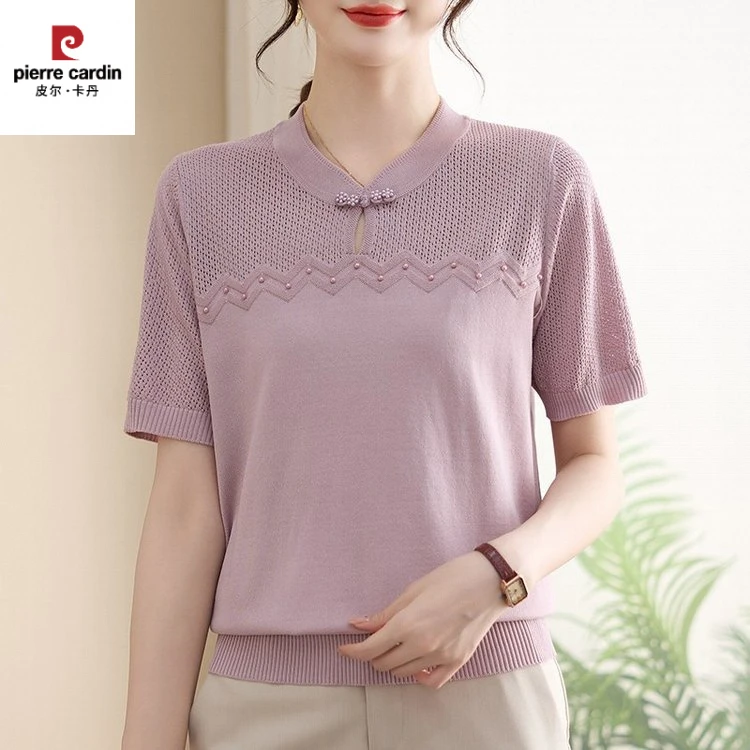 皮尔卡丹妈妈春夏装七分纱袖针织圆领小衫中老年女春季中长袖T恤