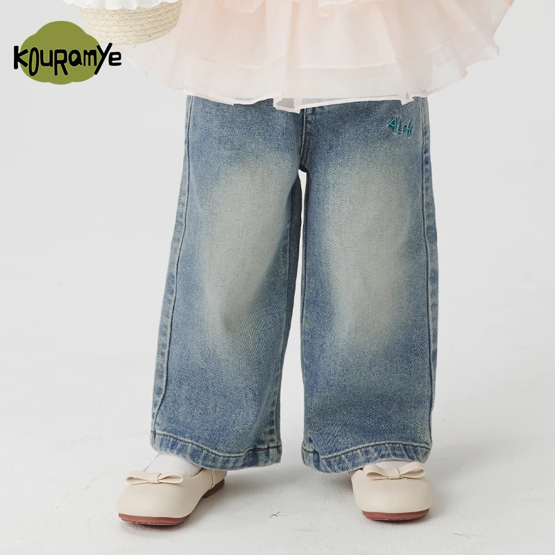 酷娃米2025秋季新款儿童裤子中小女童字母刺绣直筒阔腿裤70457